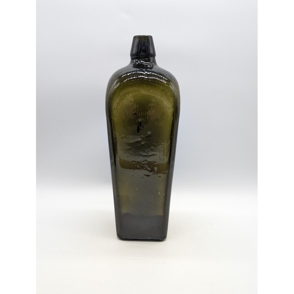 Antique 1800s Dutch Case Gin Glass Bottle Applied Top Taper Square Whittle Olive